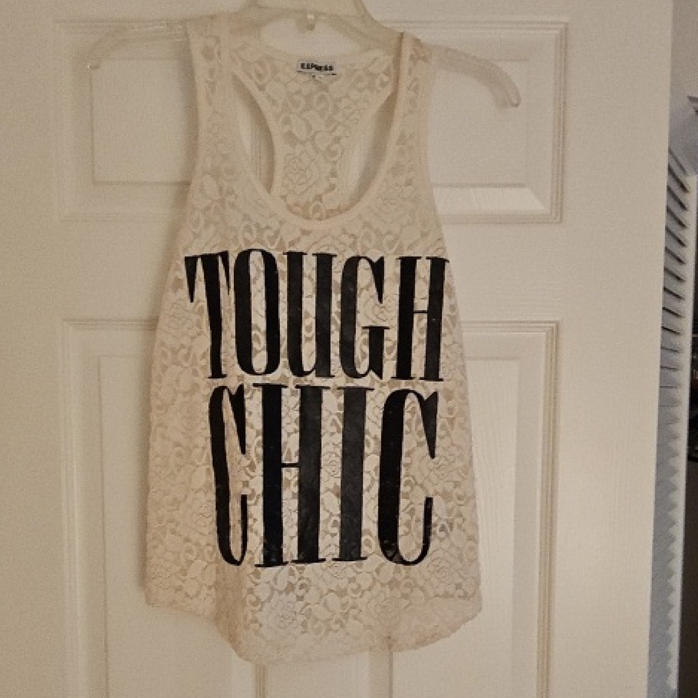 Express White Lace Racerback Top with Black Print